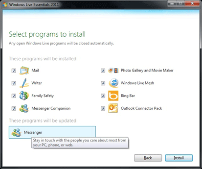 Windows Live Essentials Install Options